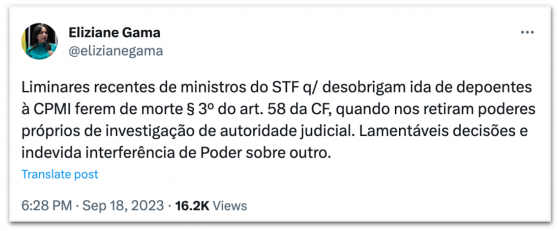 STF faz indevida interferência de Poder sobre outro, diz Eliziane