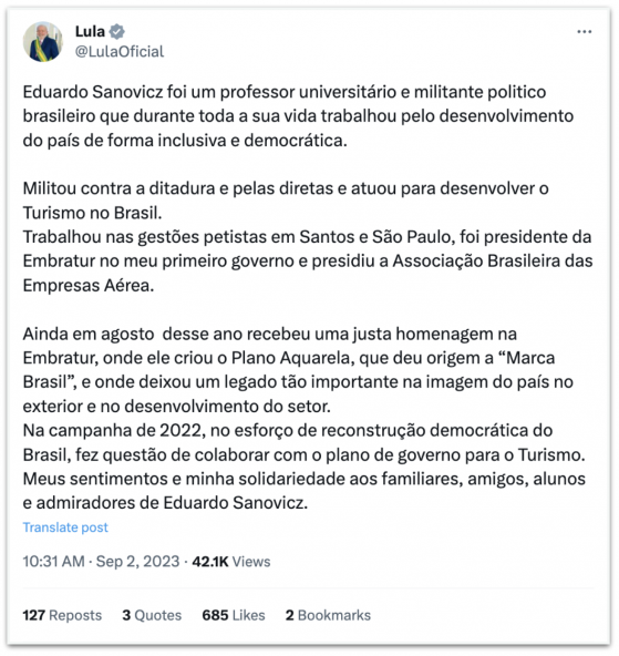 Morre Eduardo Sanovicz, ex-presidente da Embratur, aos 63 anos