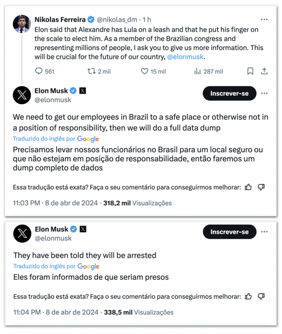 Funcionários do X no Brasil foram informados que seriam presos, diz Musk