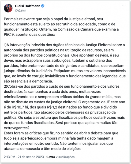 Funcionamento do TSE está sujeito a escrutínio, diz Gleisi