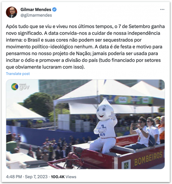 Gilmar Mendes diz que 7 de Setembro ganhou “novo significado”