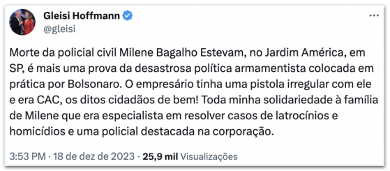 Gleisi responsabiliza Bolsonaro por morte de investigadora em SP