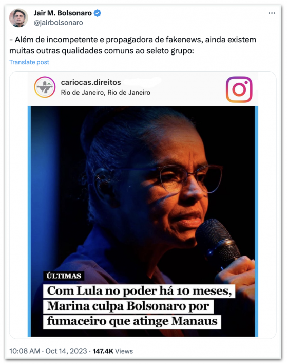 Bolsonaro chama Marina de “incompetente” por queimadas no Amazonas