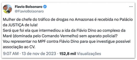 Flávio Bolsonaro pede afastamento de Dino do Ministério da Justiça
