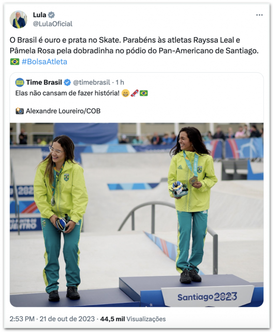 Lula dá parabéns a atletas do skate por medalhas no Pan-Americano