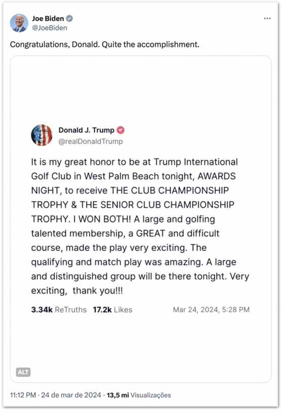 Biden ironiza prêmios de Trump no golfe: “Grande conquista”