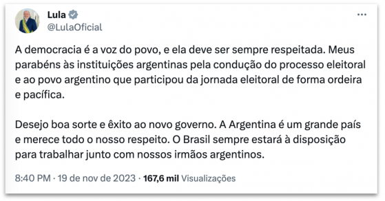 Sem citar Milei, Lula deseja “sorte ao novo governo” da Argentina