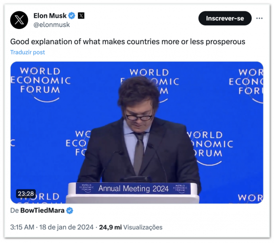 Elon Musk elogia discurso de Milei sobre capitalismo em Davos