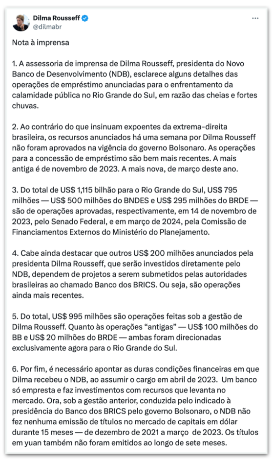 Dilma nega que dinheiro para o RS tenha sido aprovado por Bolsonaro