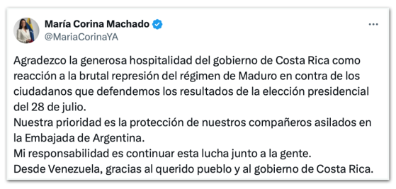 Costa Rica oferece asilo a María Corina e Edmundo González