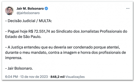 Bolsonaro diz ter pagado R$ 72.000 por danos morais a jornalistas