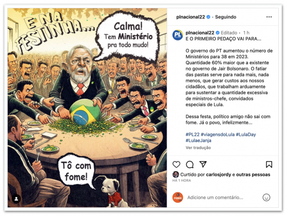 PL critica número de ministérios em post sobre aniversário de Lula