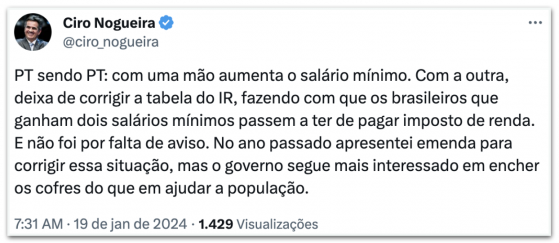 Ciro Nogueira critica falta de correção do IR: “PT sendo PT”